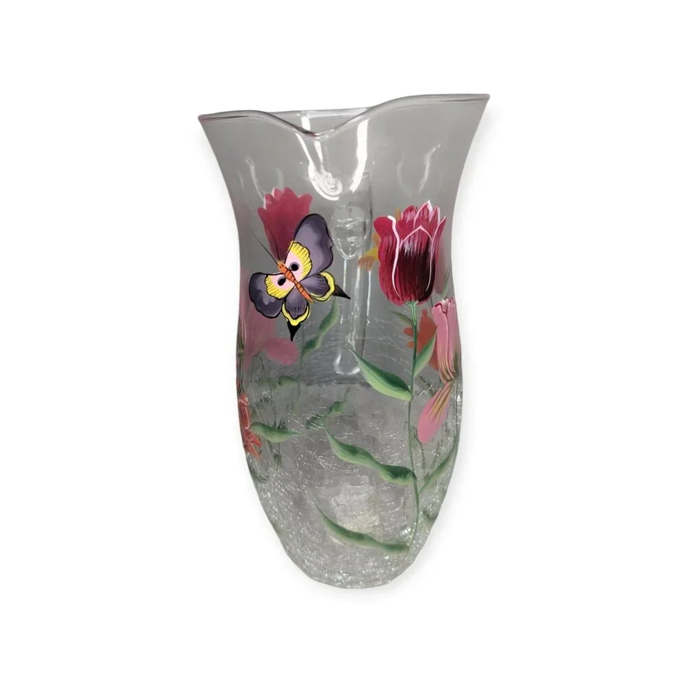 Vintage Fifth Avenue Crystal Hand Painted Floral Crackle Glass Drinking Pitcher